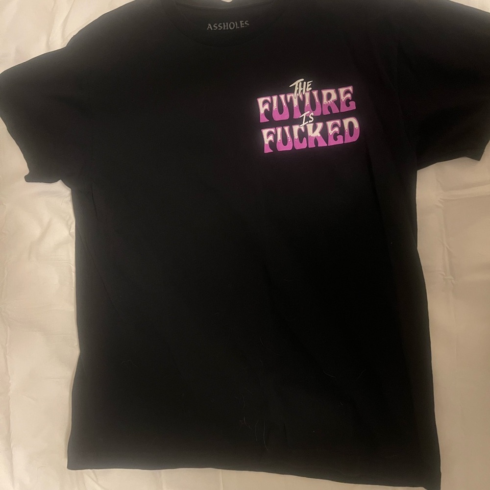 Black Graphic T-Shirt with Pink and White Text